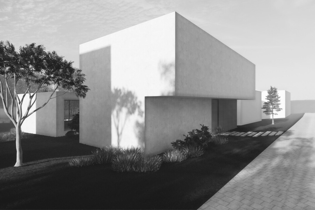 Ein Bild, das ein Rendering eines neu gebauten Wohnhaus mit hellen Außenwänden aus Infraleichtbeton zeigt.